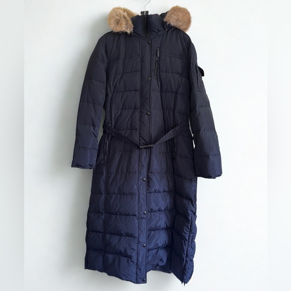 NWT Michael Kors Long Down Navy Winter Puffer Coat with Faux Fur Trim - Size XL - Picture 1 of 8